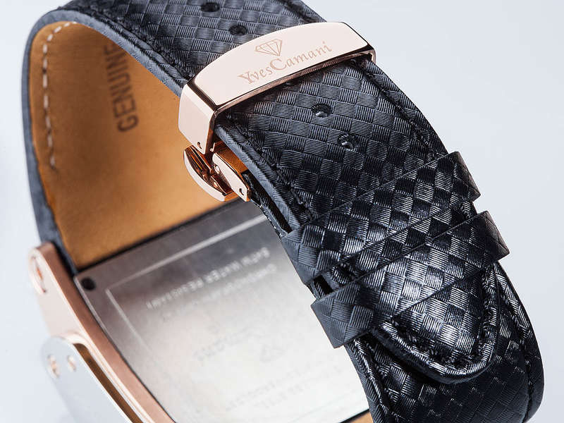 YVES CAMANI Men's Escaut Black/Rose Gold Plated Chrono with Carbon Fibre Leather Watch + Gold Tin