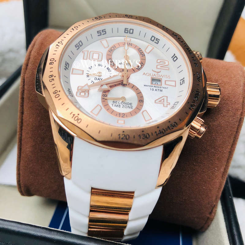 Retail: R14,500.00 Aquaswiss Men's TRAX II with 18K Rose Gold Plating and White Silicone Band