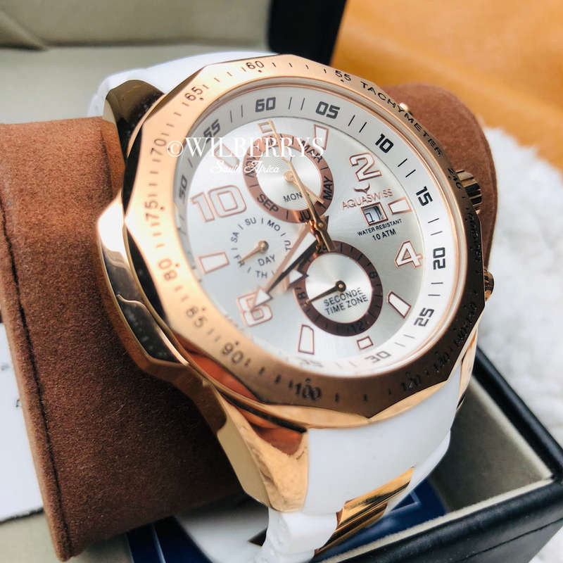 Retail: R14,500.00 Aquaswiss Men's TRAX II with 18K Rose Gold Plating and White Silicone Band