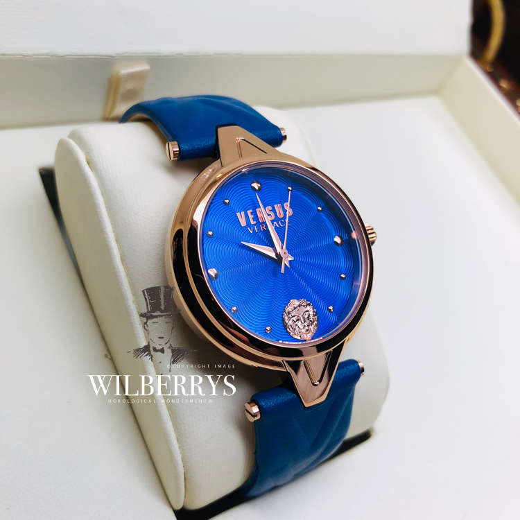VERSACE Women's VERSUS V-Versus Blue/Gold Leather Strap Watch BRAND NEW IN BOX + PAPERS