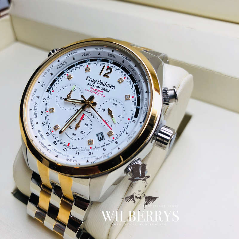 Retail: £775/ R13,000.00 Krug-Baumen Men's Air Traveller White Diamond Chronograph Watch