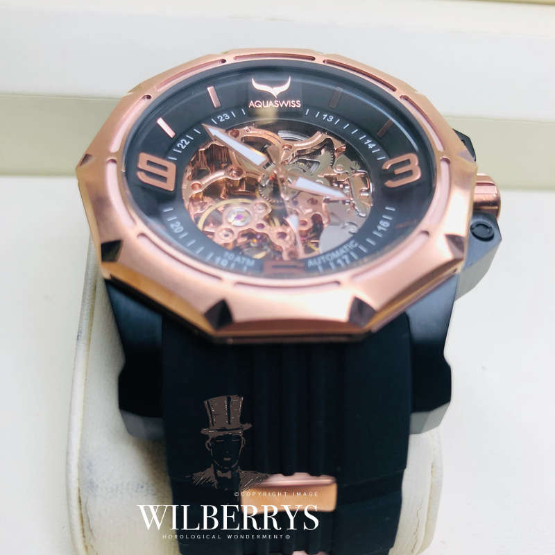Retail: R14,500.00 Aquaswiss Men's VESSEL Swiss AUTOMATIC 18k Rose Gold pl Skeleton Watch BRAND NEW