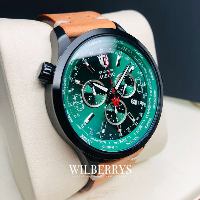 Retail: R6,299.00 DETOMASO AURINO Black Ion/Green Dial Ambra Italian Leather Chronograph Watch