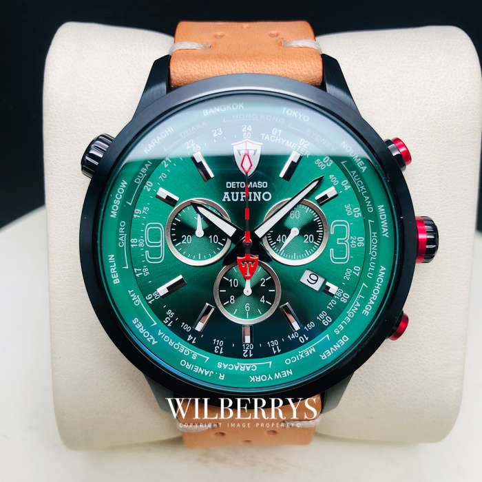 Retail: R6,299.00 DETOMASO AURINO Black Ion/Green Dial Ambra Italian Leather Chronograph Watch