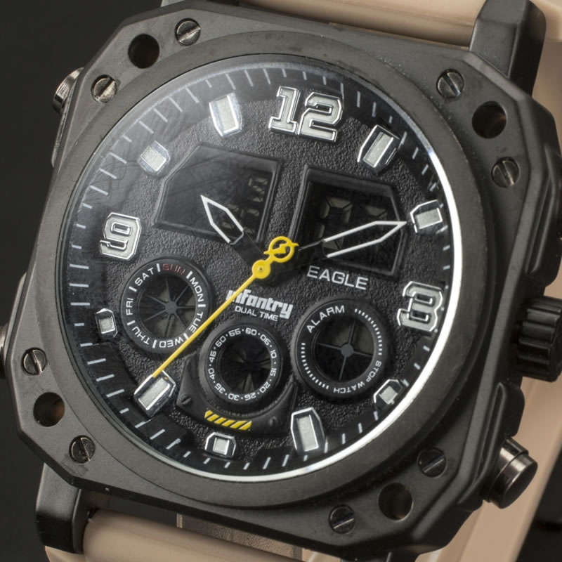 INFANTRY MILITARY CO. Eagle DUAL TIME Watch Beige Silicon Band new BOXED, FULLY LOADED!