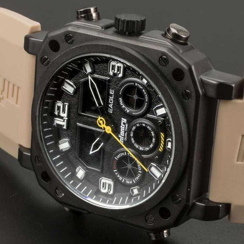 INFANTRY MILITARY CO. Eagle DUAL TIME Watch Beige Silicon Band new BOXED, FULLY LOADED!