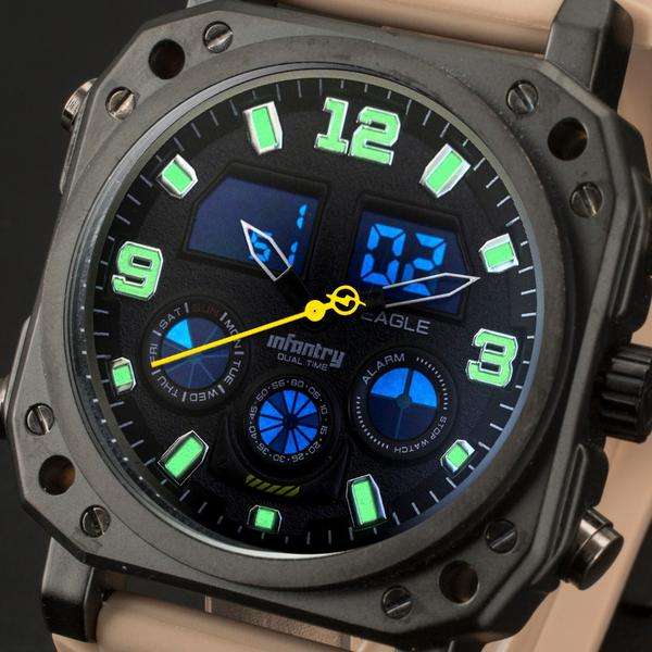 INFANTRY MILITARY CO. Eagle DUAL TIME Watch Beige Silicon Band new BOXED, FULLY LOADED!
