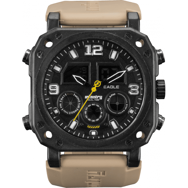 INFANTRY MILITARY CO. Eagle DUAL TIME Watch Beige Silicon Band new BOXED, FULLY LOADED!