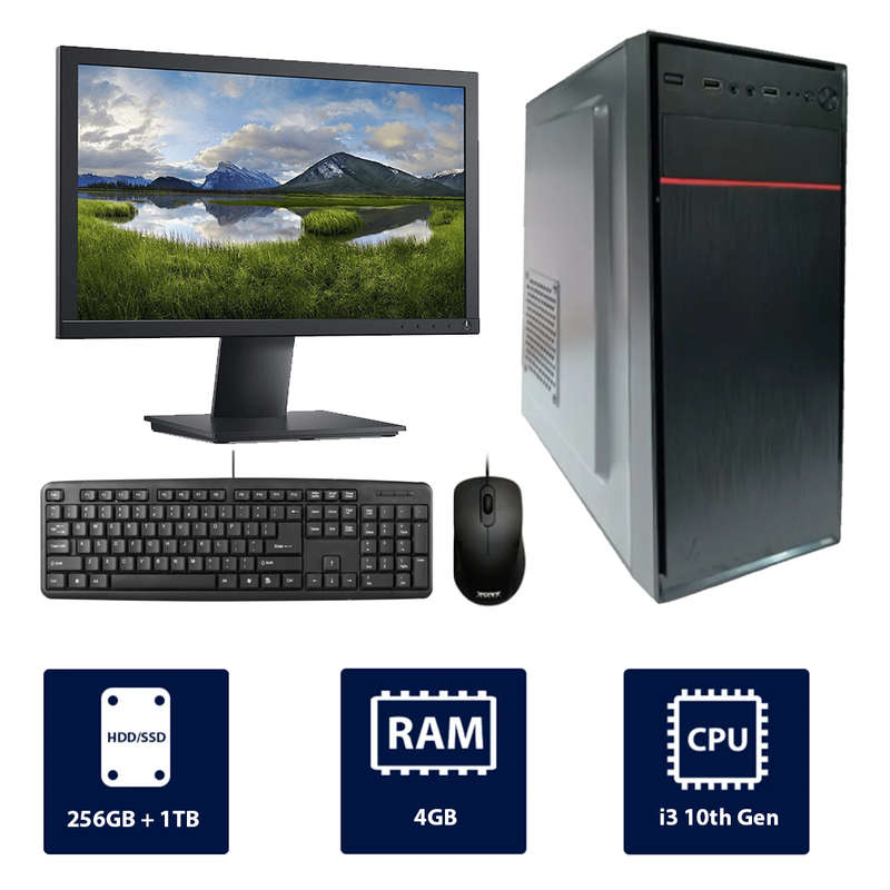i3 10th, 4GB RAM, 256GB SSD + 1TB HDD, 19" Monitor Full Set Desktop Computer