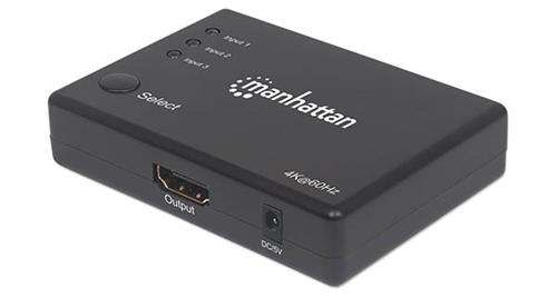 Manhattan 4K Compact 3-Port HDMI Switch - 4K@60Hz AC Powered Remote Control Black Limited Lifetim...