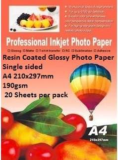 E-Box Resin Coated Glossy Photo Paper-Single sided A4 210x297mm-190gsm- 20 Sheets per pack