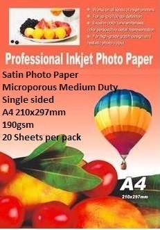 E-Box Satin Photo Paper- Microporous Coated Medium Duty - Single sided A4 210x297mm-190gsm-20 She...