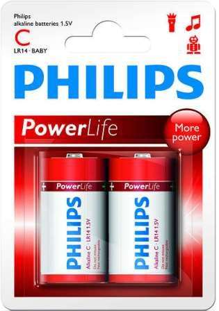 Philips Powerlife Battery Lr14P2B 2 X Type C Lr14 Alkaline Batteries , 15.V, Up To 5 Years Shelf Lif