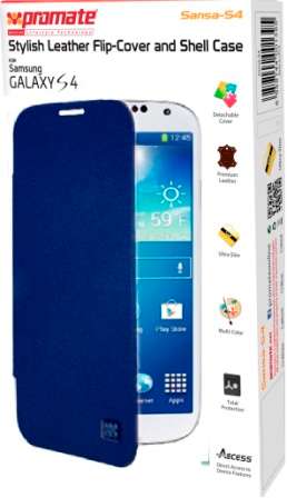 Promate Sansa-S4 Stylish Leather Flip-Cover and Shell Case for Samsung Galaxy S4-Blue 1 Year Warr...