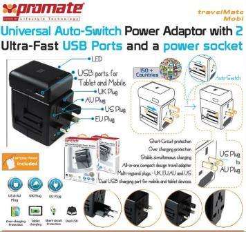 Promate Travelmate.Mobi Universal Auto-Switch Power Adaptor with 2 Ultra-Fast USB Ports and a pow...
