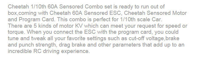 SkyRC - Cheetah 1/10 Brushless 60A Sensored combo 21.5T 1600KV (SK-300058-05) - SkyRC 2kg