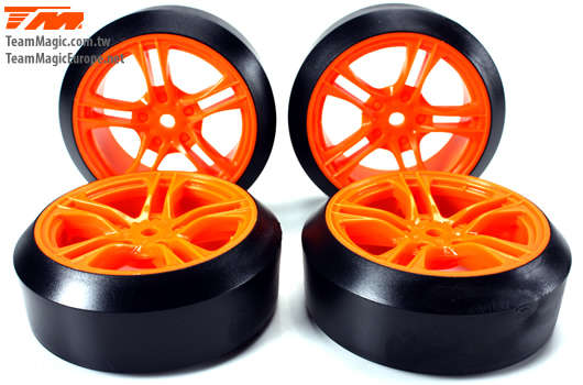 Team Magic Tires 1:10 Drift - mounted - 5 Spoke Orange wheels - 12mm Hex - 45 - Hard (4 pcs) (TM5033