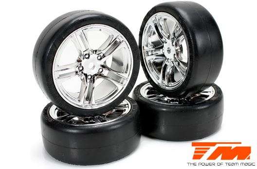 Team Magic Tires - 1:10 Touring - mounted - 5 Spoke Silver wheels - 12mm Hex - Slicks (4 pcs) (TM503