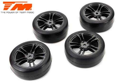 Team Magic Tires - 1:10 Touring - mounted - 5 Spoke Silver wheels - 12mm Hex - High Grip (4 pcs) - S