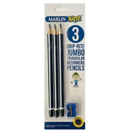Marlin Kids: 3 Grip-Rite Jumbo Triangular Graphite Pencils & Sharpener