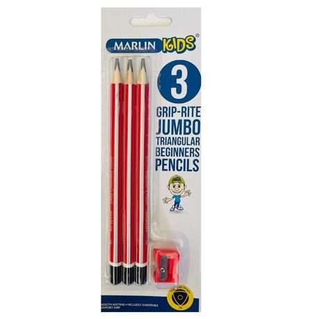 Marlin Kids: 3 Grip-Rite Jumbo Triangular Graphite Pencils & Sharpener