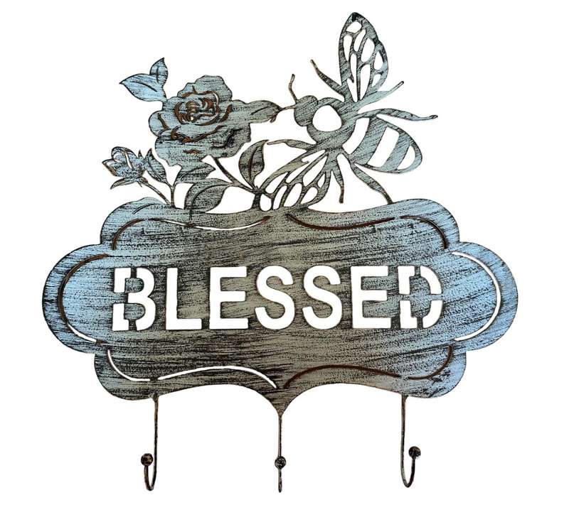 3 Hooks Wall Fixture Blessed Sign Antique Grey