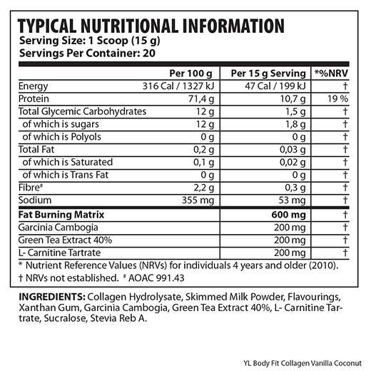 Youthful Living Body Fit Collagen Slim Smoothie 300g - Nutritional Information