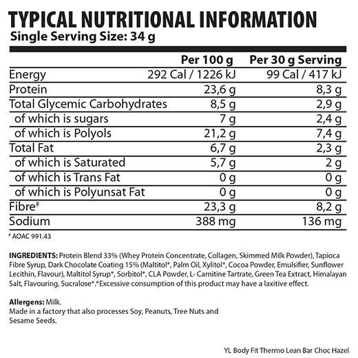 Youthful Living Body Fit Thermo Lean Protein Bar 34g - Nutritional Information