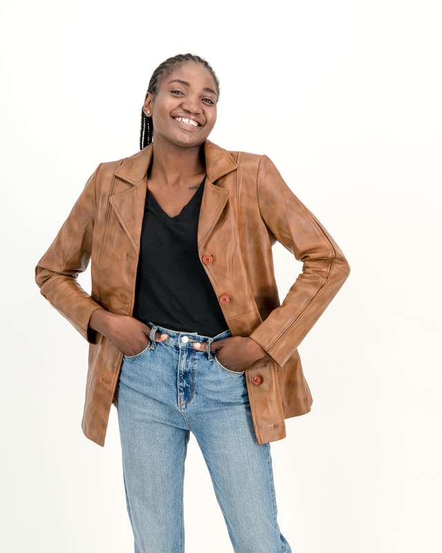 Woman in long leather coat hotsell