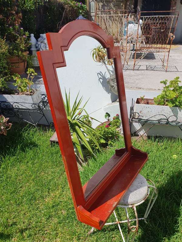 Vintage Large Art Deco Mirror with Wooden Frame & Shelf