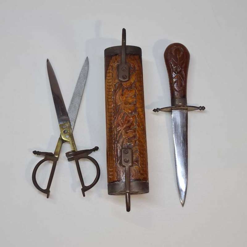 Vintage Hand Carved Eastern Wooden Stand Sheathed Carving Knife and scissors.