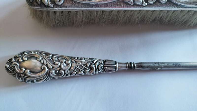 Silver Handle Button Hook & Silver Clothes Brush