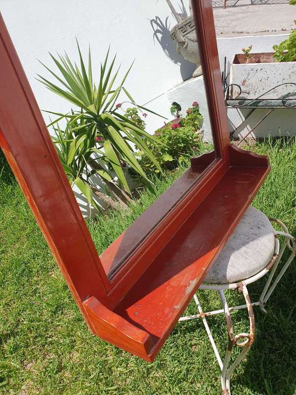 Vintage Large Art Deco Mirror with Wooden Frame & Shelf