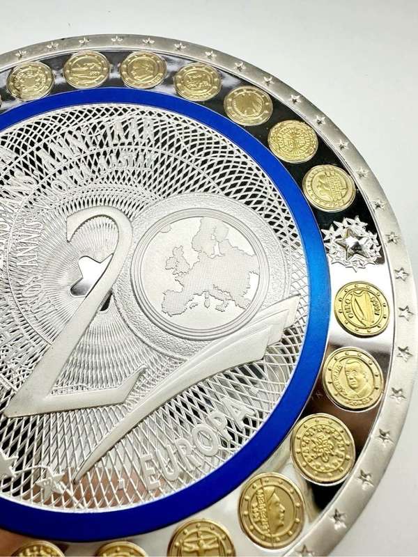 GIGANT MEDAL 100 MM 20 YEARS EURO SILVER-PLATED PP - RARE COLLECTIBLE ITEM + CERTIFICATE