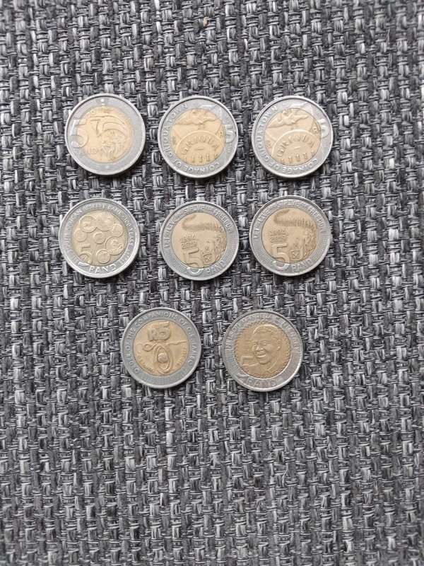 R5 MANDELA COIN AND OTHER COMMERATIVE COINS . 8 COINS IN TOTAL