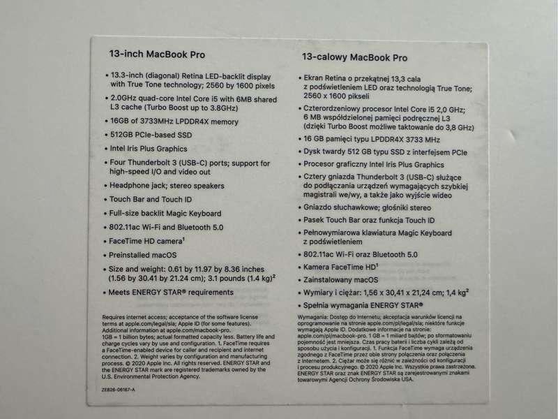 APPLE MACBOOK PRO 13" 2020 512GB TOUCH BAR - SPACE GREY