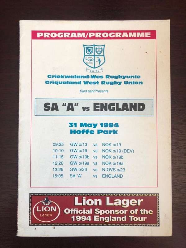 SA A vs England 1984 Rugby matchday programme