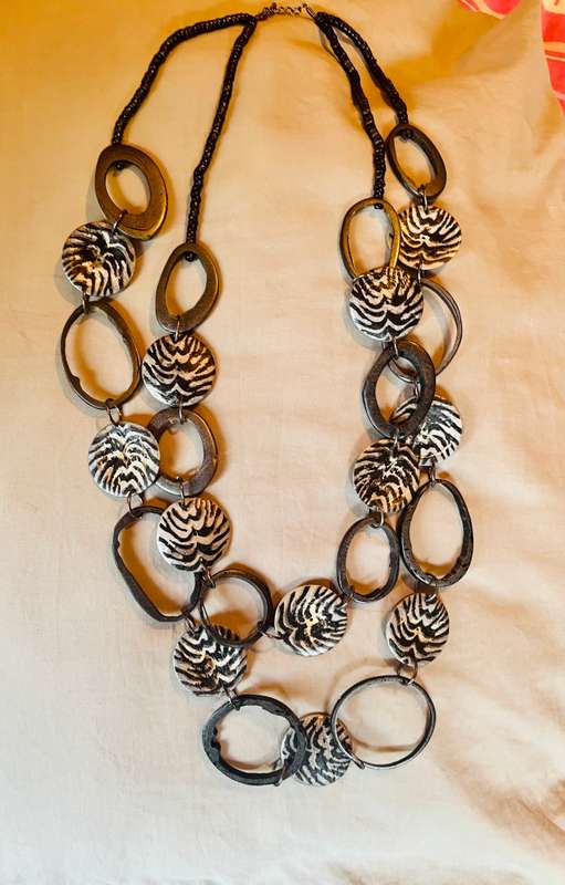 Necklace fashion jewellery zebra print discs .