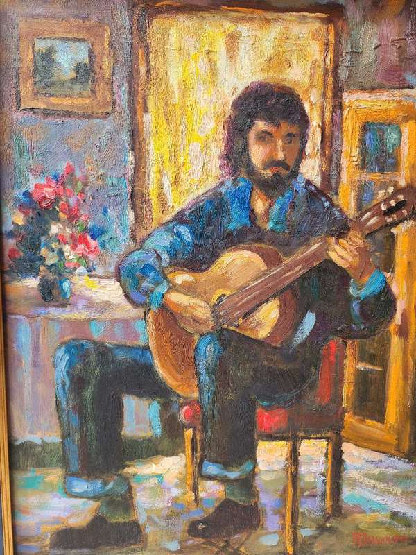 Koos Bronkorst - Oil on board. Guitar Player