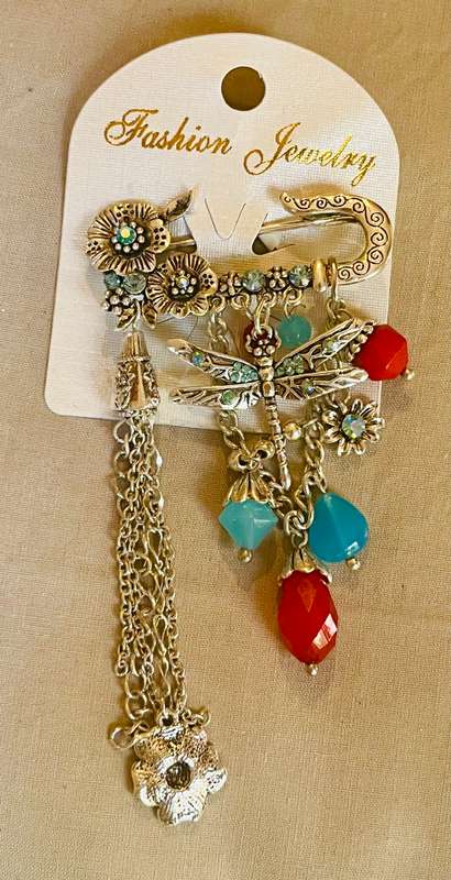 Brooch dragonfly blue / red details
