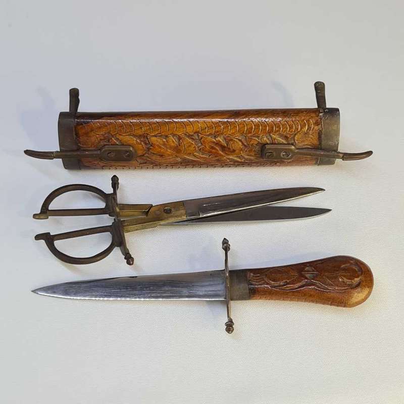 Vintage Hand Carved Eastern Wooden Stand Sheathed Carving Knife and scissors.