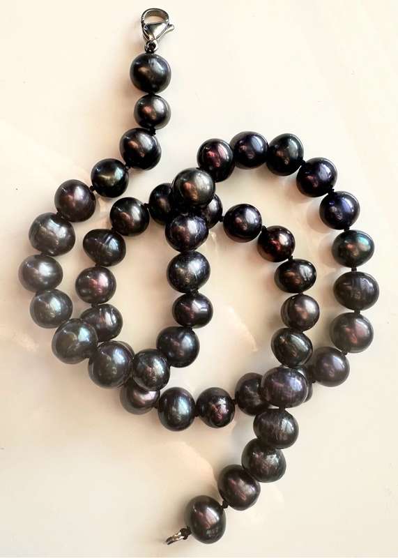 9-10MM GENUINE NATURAL TAHITIAN PEACOCK BLACK REAL BAROQUE PEARL NECKLACE 18``