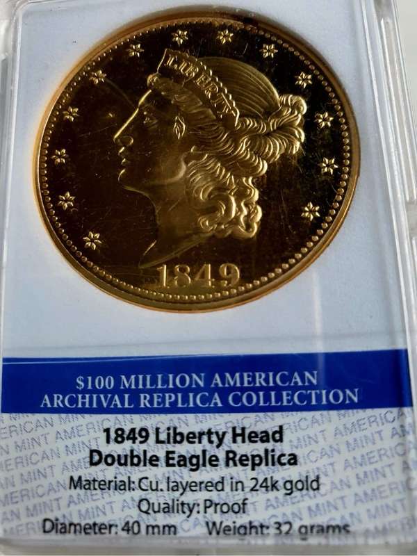 24K GOLD PLATED - 1849 LIBERTY HEAD DOUBLE EAGLE REPLICA MEDAL - LIMITED EDITION
