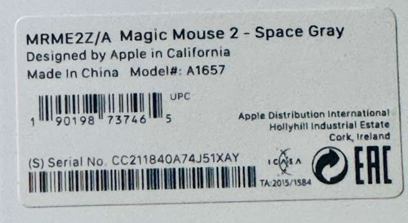 Apple Magic Mouse 2 - Space Gray Model No. A1657