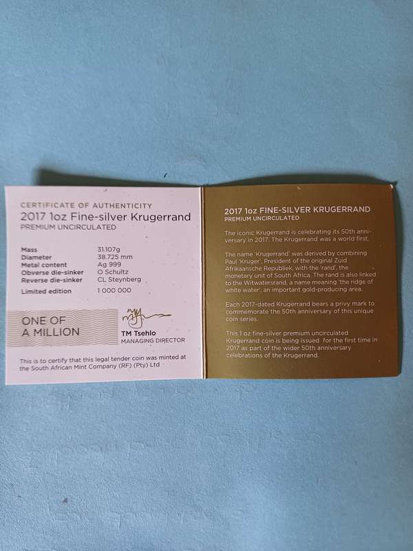 2017 1oz silver Krugerrand. 50th anniversary including COA and pouch.