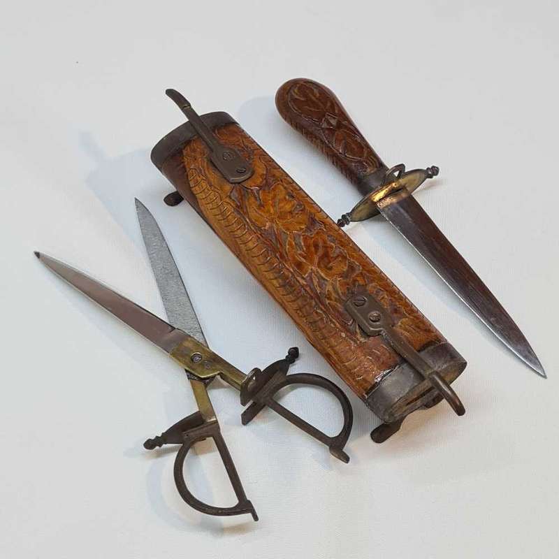 Vintage Hand Carved Eastern Wooden Stand Sheathed Carving Knife and scissors.