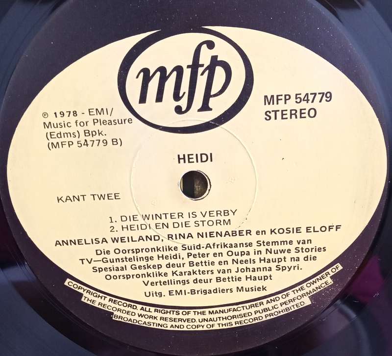 HEIDI 1 LP VINYL RECORD STEREO AFRIKAANS