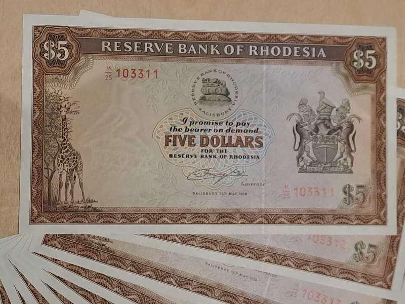 9 x Rhodesian $5 banknotes in sequential order