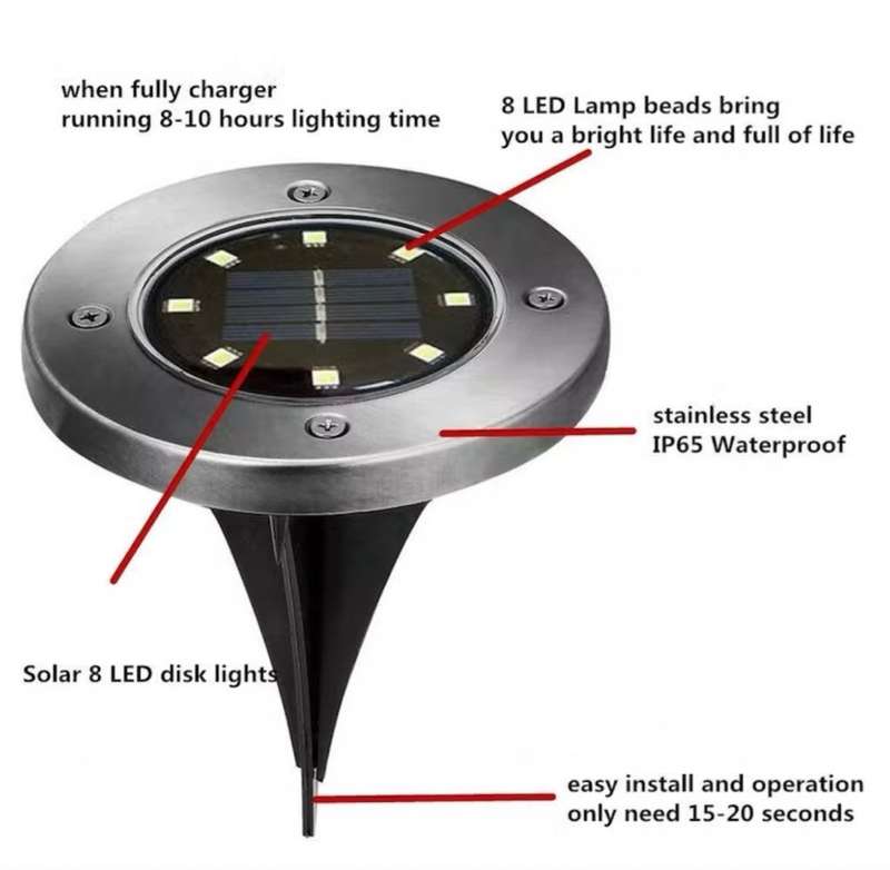 Solar Powered 8 Bead Flat to Ground LED Outdoor Disc Lights
