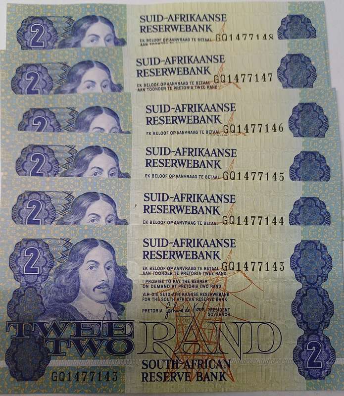 6XA/Unc Gerhard de Kock 2 Rand notes IN Sequins